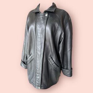 IZZI‎ leather coat VINTAGE black jacket XL
80s pockets lined VTG- zip up *read